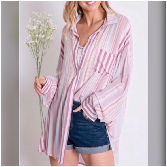 ♨️Oversized Striped Pastel Boyfriend Top - Picture 2 of 7